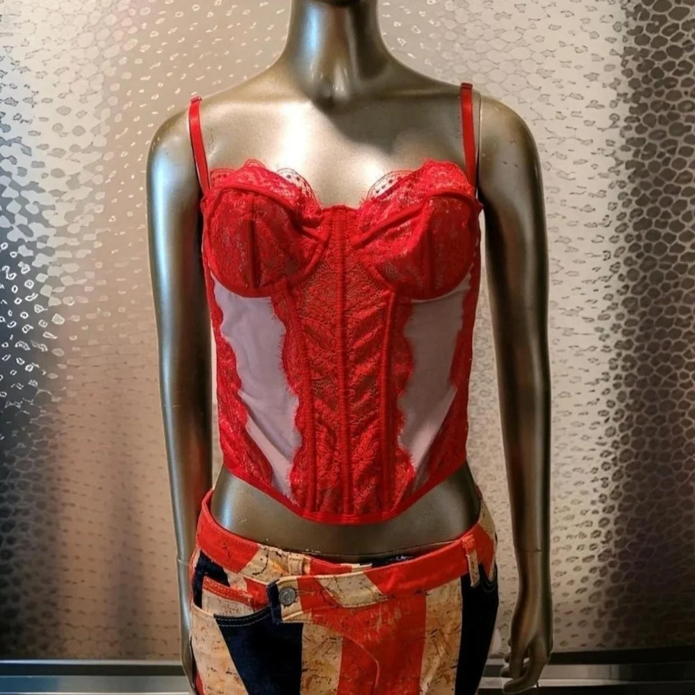 NWT Sexy Red Eyelash Lace Bustier Corset Sheer Mesh Top